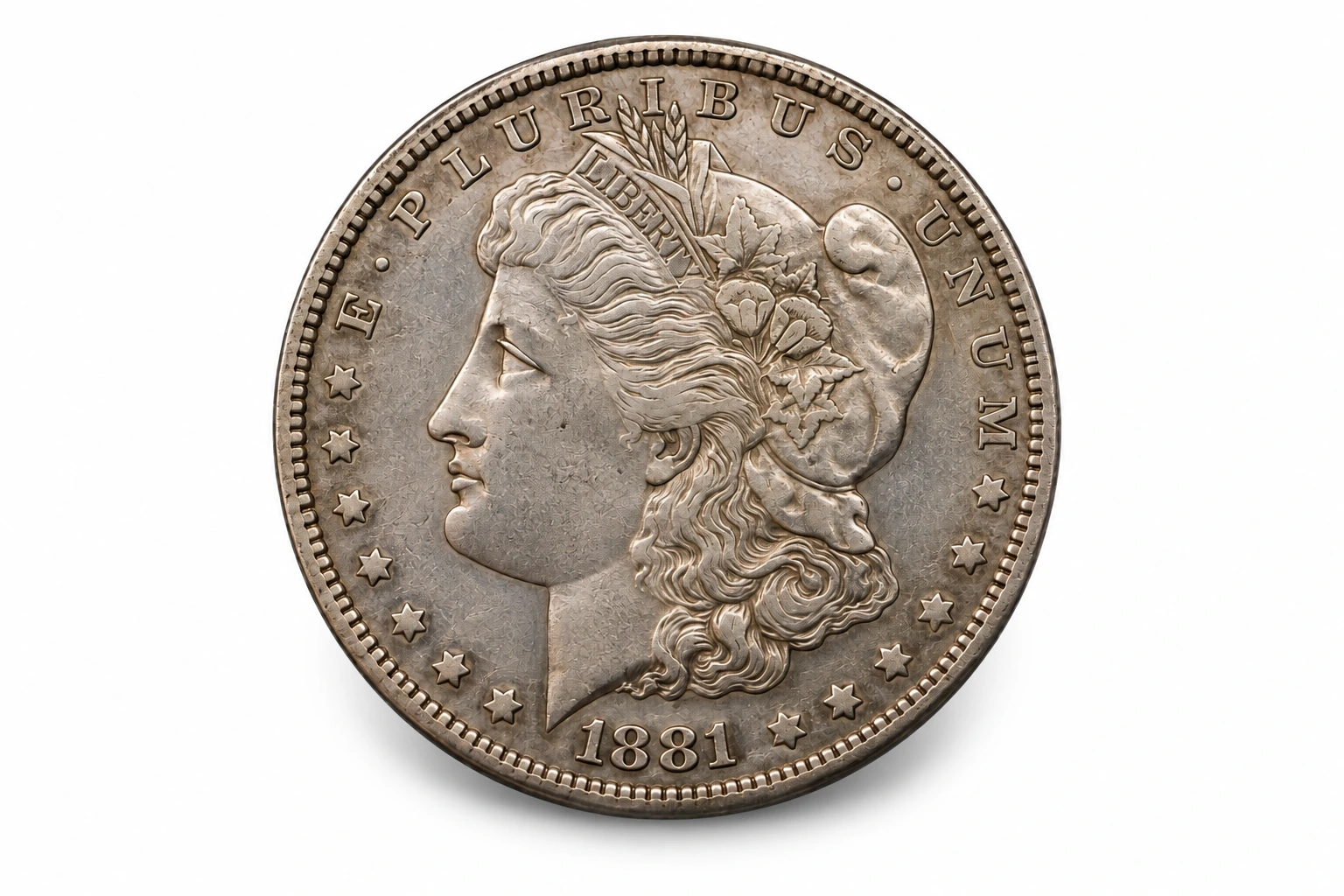 The same sample 1881 Morgan silver dollar on a cleaned white background